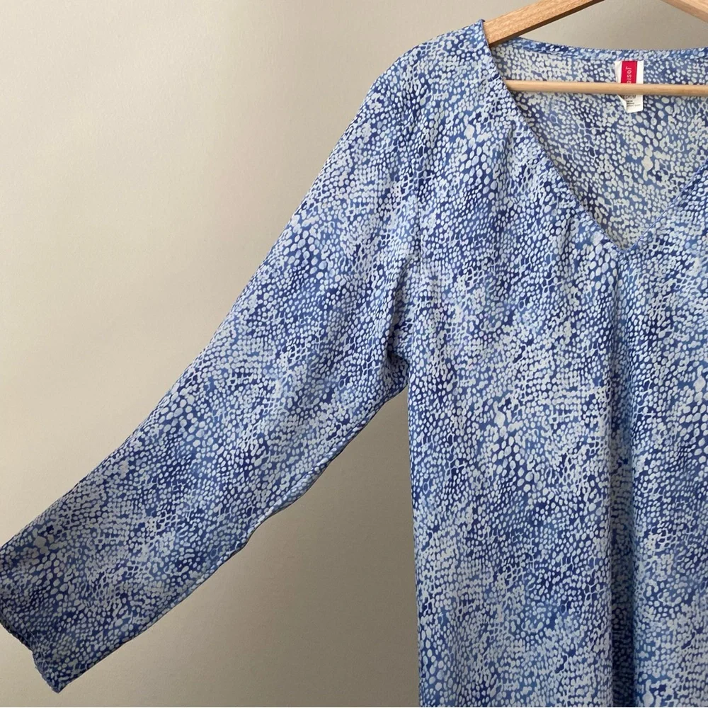 Natori Josie V Neck Long Sleeve Tunic Mini Dress Snake Animal Print Medium Blue